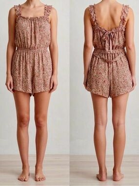 Trixxi Rose-Taupe Floral Ruffle-Shoulder Romper